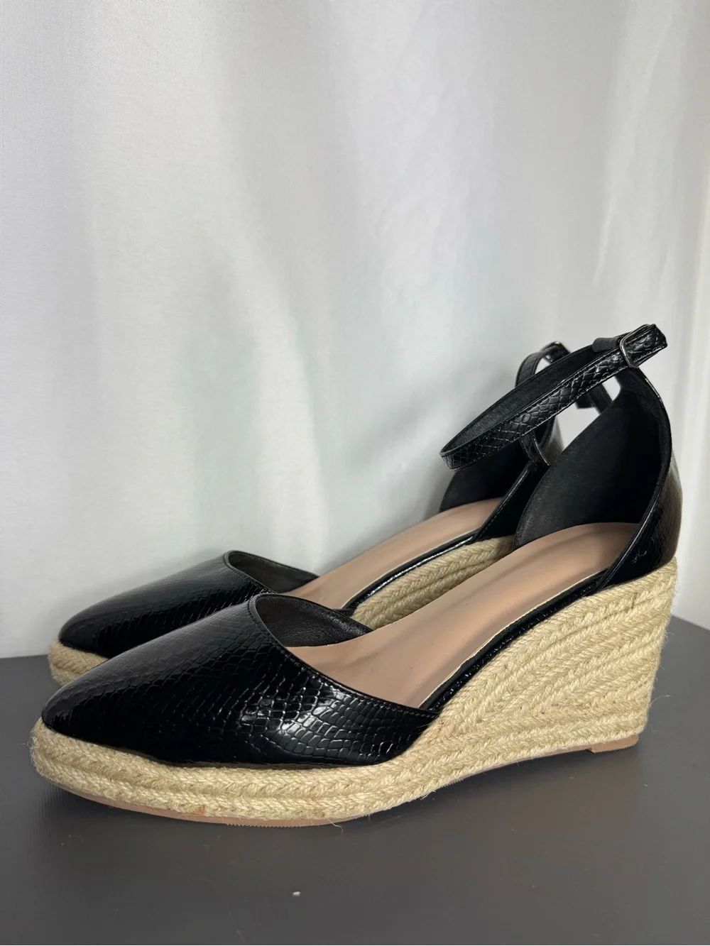 Black Espadrille Wedge Pointed-Toe Ankle-Strap Heels size 39